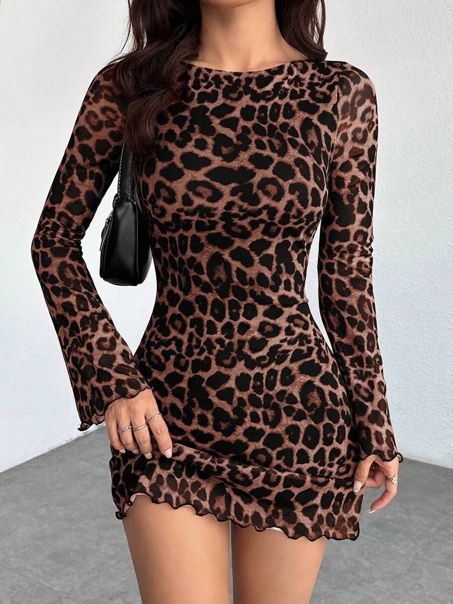 Mini Vestidos casuales de mujer con mangas acampanadas de malla de leopardo - Marrón - Ver 1