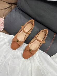 New Autumn/Winter Flat Shoes For Teens, Minimalist Bow Decor Square Toe, Comfortable One-Strap Buckle, Versatile Casual Elegant All-Match Everyday Wear