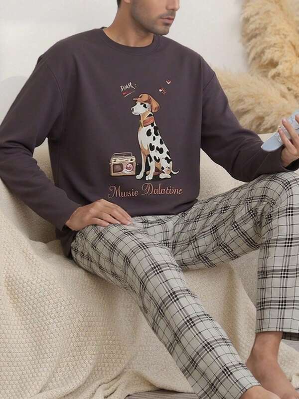 2 piezas Conjunto de pijama delgado con estampado de perro lindo para hombres, top de manga larga y pantalones largos, ropa de dormir cómoda y casual para otoño/invierno