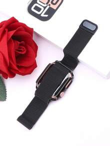 Compatible With Apple Watch Band And Case Combo. Stylish And Casual, Perfect For Both Men And Women. Featuring A Soft, Breathable, Adjustable, Loop-Shaped Stainless Steel Woven Magnetic Clasp Band With A Sparkling Diamond-Encrusted, Drop-Resistant, And Scratch-Resistant PC And Tempered Glass Protective Film, This Two-In-One Case Is Compatible With Apple Watch Series Ultra/11/10/9/8/7/6/5/4/3/SE, With 38/40/41/42/44/45/46/49mm Bands And Cases. - Black - View 7