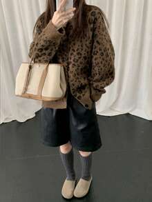 复古男友风格独特豹纹单排扣针织开衫柔软毛绒毛衣夹克 - 咖色 - 查看 1