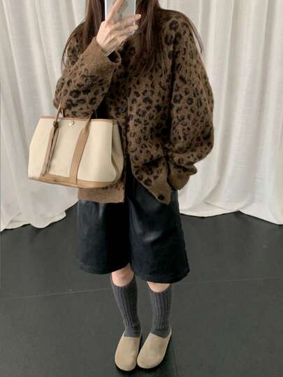 复古男友风格独特豹纹单排扣针织开衫柔软毛绒毛衣夹克