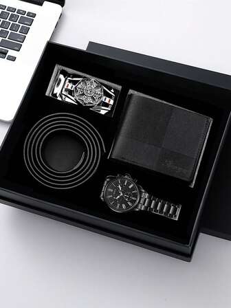 礼盒套装，结婚礼物，生日礼物，送给爱人，父亲，老师，公司年会，员工，圣诞礼物，经典时尚商务石英表+钱包+皮带+皮带扣+礼盒，商务礼品，派对，节日礼物