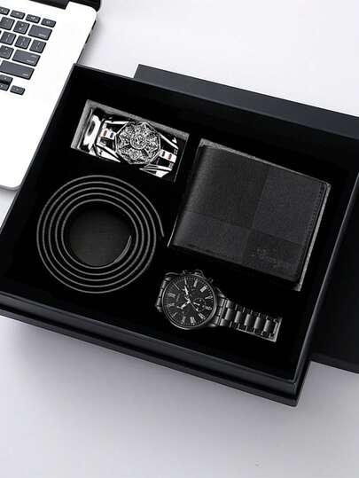 مجموعة هدايا، هدية زفاف، هدية عيد ميلاد، هدية للحبيب، الأب، المعلم، اجتماع سنوي للشركة، موظف، هدية عيد الميلاد، ساعة كوارتز كلاسيكية وأنيقة للأعمال + محفظة + حزام + إبزيم حزام + علبة هدايا، هدية للأعمال، حفلة، هدية للمناسبات