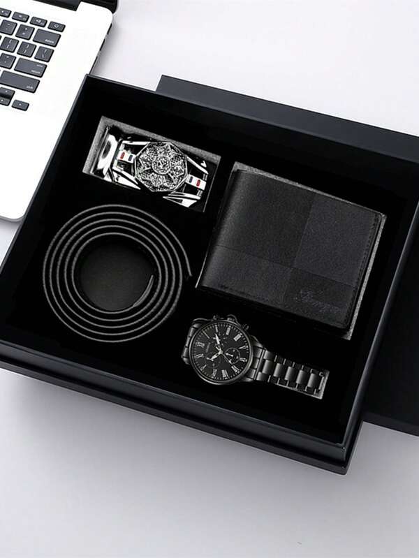 Gift Box Set, Wedding Gift, Birthday Gift, Gift For Lover, Father, Teacher, Company Annual Meeting, Employee, Christmas Gift, Classic & Fashion Business Quartz Watch + Wallet + Belt + Belt Buckle + Gift Box, Business Gift, Party, Holiday Gift