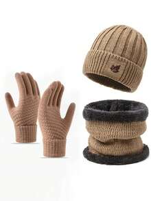 3pcs Men's Knitted Wool Beanie Hat, Soft Warm Scarf & Touch Screen Gloves, Warm Winter Gift Set Winter Warm