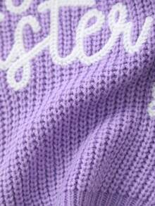 Baby Girls' Knitted Sweater With Delicate "Big Sister" Embroidery And White Flower Pattern, Soft And Warm - Purple - View 4