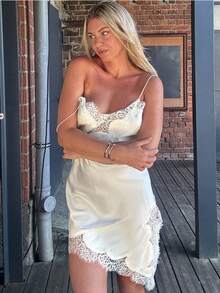 Lace Trim Satin Asymmetric Summer Party Mini Skirt, Elegant New Sleeveless Sexy Nightgown, Brown/Black Backless Dress For Women