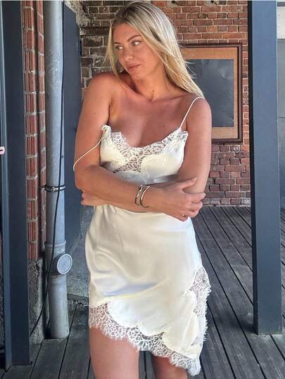 Minifalda asimétrica de satén con ribete de encaje para fiesta de verano, elegante camisón sexy sin mangas, vestido marrón/negro con espalda descubierta para mujer