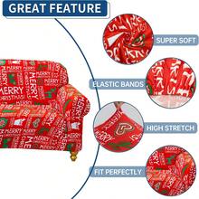 غطاء أريكة مطبوع بطبعات عيد الميلاد قطعة واحدة، مع طباعة حرف عيد الميلاد وشجرة عيد الميلاد وطبعات أخرى ذات موضوع عيد الميلاد، يخلق جوًا من عيد الميلاد، مناسب للمنزل والفندق وديكور الحفلات، يناسب أريكة من مقعد واحد أو مقعدين أو ثلاثة مقاعد