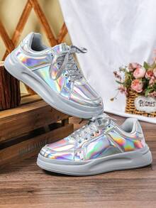 Zapatos casuales de monopatín plateados brillantes y elegantes para mujer, zapatillas deportivas cómodas para exteriores para vacaciones, parejas, fiestas