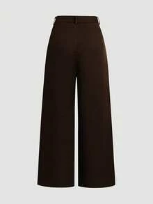 Women's Regular Solid Color Pocket Button Simple Loose Wide Leg Pants, Casual Daily Wear, Suitable For Commuting And Outdoor, Autumn/Winter - Brown - View 2