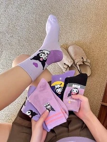 Sanrio 5 Pares de Meias Sanrio para Kuromi para Adolescentes, Macias e Confortáveis para Todas as Estações, Meias Quentes, Personagem Fofo Kuromi com Estrelas, Corações e Texto de Amor, Meias Anime Roxas e Rosas, Adequadas para Meias Longas de Meninas