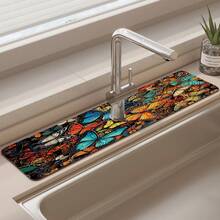 1 pièce Tapis de drain d'évier avec motif thème Hua Hudie, en terre de diatomées à séchage rapide et en caoutchouc antidérapant avec absorption de l'humidité, pour cuisine/salle de bain. Tapis de protection antidérapant en silicone en boue de diatomées pour robinet, tapis de drain de cuisine, protecteur de lavabo, convient à tous les types de robinets de salle de bain et de cuisine.