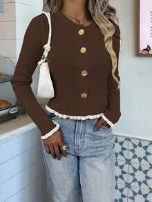 Women's Autumn Graduation Season Casual Crewneck Butter Yellow Ruffle Button Knitted Top Pullover Work/Office - Coffee Brown - View 3