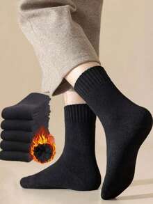 3 Pairs/5 Pairs Men's Black Thick Thermal Lined Mid-Calf Socks, Winter - Black - View 5