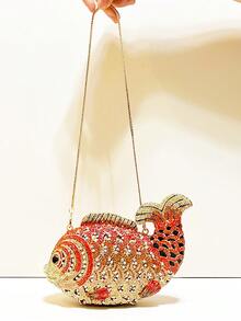 Dazzling, Brilliant, Elegant And Exquisite Super Mini Fish-Shaped Crystal Rhinestone Evening Clutch Bag, Adorned With Designer Exclusive Handmade Metal Crystal Handbag, Comes With Chain And Gift Box, Luxury Jewelry Design Diamond Clutch Bag, Suitable For Formal Occasions Like Gala, Ball, And Party, Perfect Choice For Ladies, Also An Ideal Gift For Wedding, Ball, And Banquet - 橘色 - 查看 7
