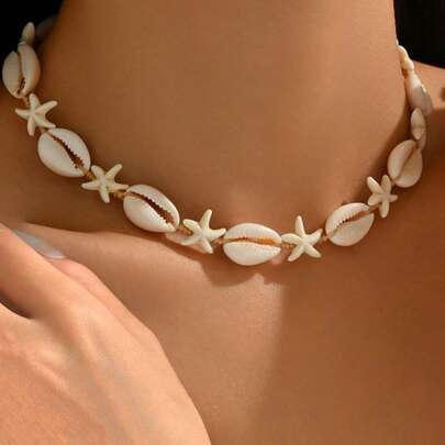 1 件波西米亚风格贝壳和海星吊坠项链，复古 Ins 海滩照片锁骨链配饰，适合女性日常和节日穿着
