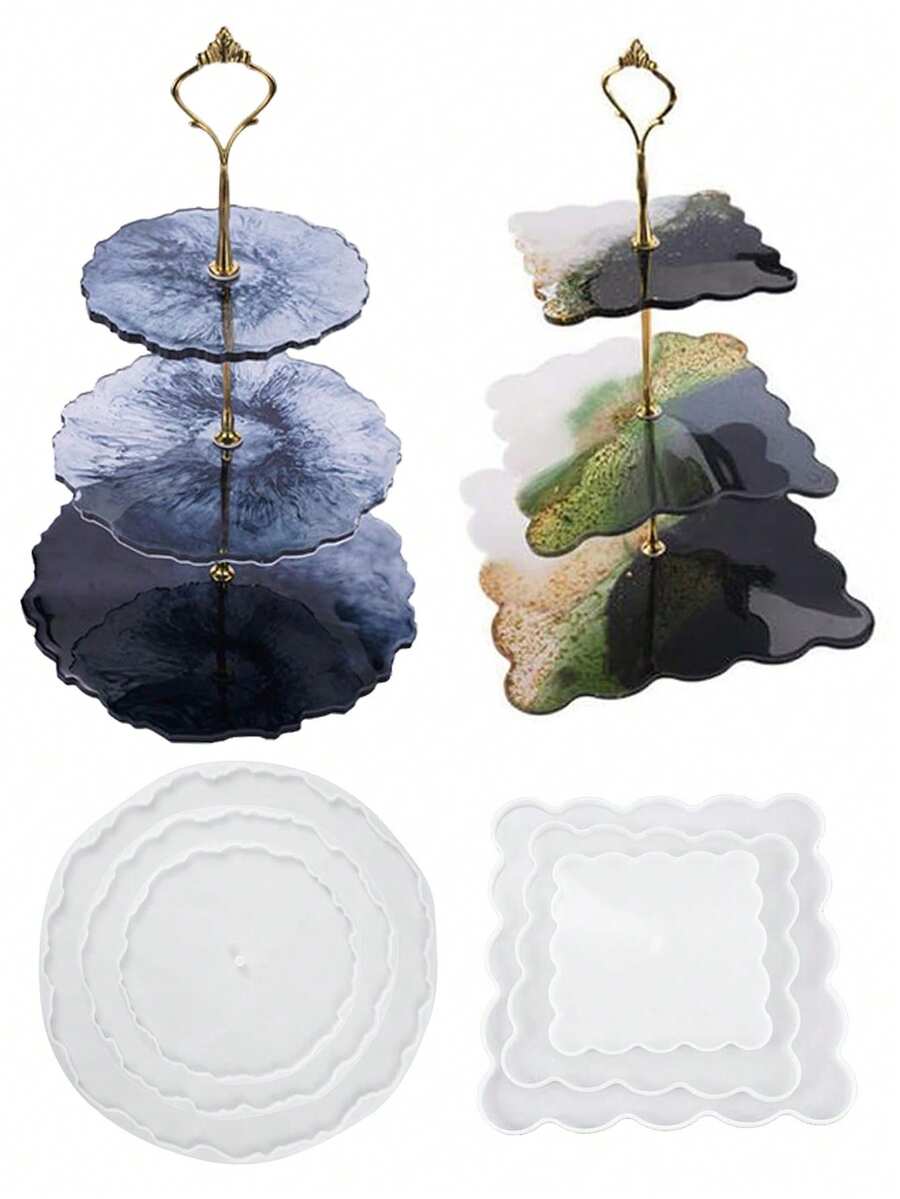 3-Tier Asymmetrical Wavy Square & Round Display Stand Tray, Coaster, Tableware, Cake Stand, Silicone Mold - White - View 1