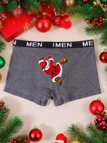 Men's Boxer Briefs, Short Style, Thin & Comfortable, Fitted, Soft, With Cartoon Santa Claus Print On Back
