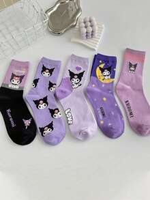 Sanrio 5 Pares de Meias Sanrio para Kuromi para Adolescentes, Macias e Confortáveis para Todas as Estações, Meias Quentes, Personagem Fofo Kuromi com Estrelas, Corações e Texto de Amor, Meias Anime Roxas e Rosas, Adequadas para Meias Longas de Meninas