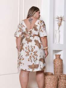 Women's Plus Size Printed Short Midi Dress - Caramelo EST - Ver 5