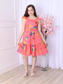 Short Printed Children's Tank Top Dress - 珊瑚粉 - 查看 1