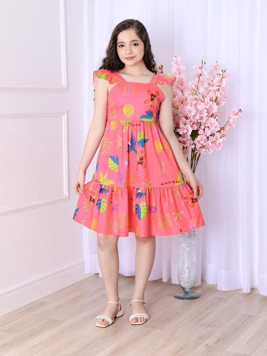 Short Printed Children's Tank Top Dress - 珊瑚粉 - 查看 1