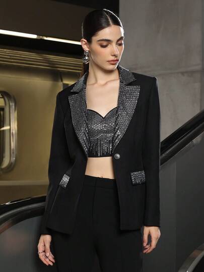 Chaqueta de fiesta ajustada con cuello con incrustaciones de strass para mujer, diseño elegante y de moda adecuado para cualquier ocasión, perfecto para el uso en la oficina y eventos sociales, ideal para bodas, moda femenina llamativa, otoño