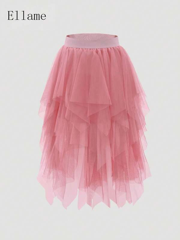 Women's Polyester Asymmetrical Tulle Skirt, Solid Color Stylish Mesh Layered Skirt, Elastic Waistband For Daily Wear Skirt