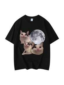Funny Beluga Cat Meme Graphic T Shirts High Quality Fashion Short Sleeve T-Shirts Men Women Casual Oversized T-Shirt Streetwear - 黑色 - 查看 1
