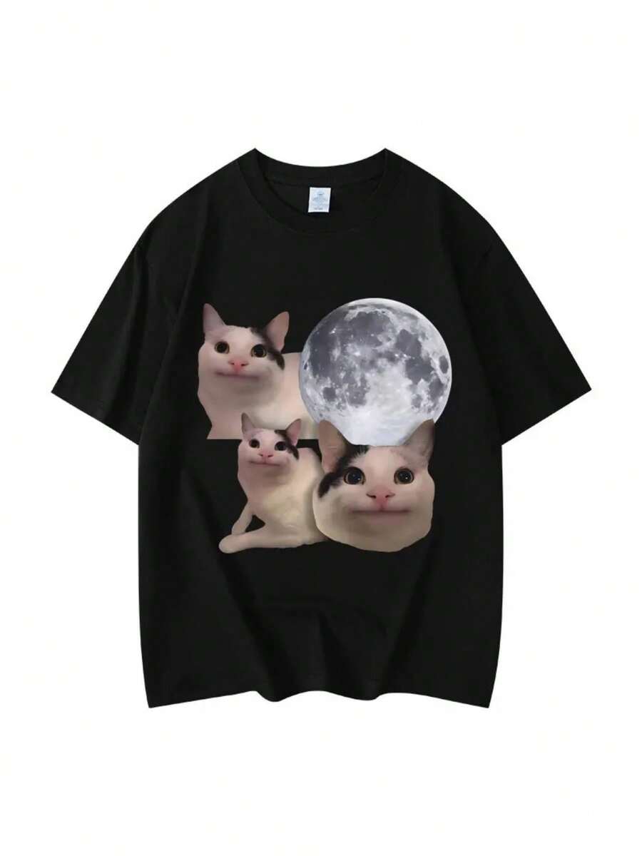 Funny Beluga Cat Meme Graphic T Shirts High Quality Fashion Short Sleeve T-Shirts Men Women Casual Oversized T-Shirt Streetwear - 黑色 - 查看 1