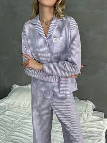 2件套女士条纹纽扣前袋长袖睡衣套装+抽绳腰裤睡衣套装，秋季服装 - 紫色 - 查看 1
