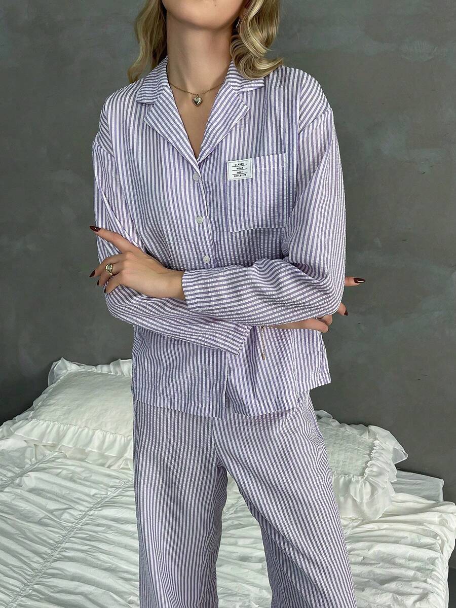 2件套女士条纹纽扣前袋长袖睡衣套装+抽绳腰裤睡衣套装，秋季服装 - 紫色 - 查看 1
