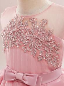 少女圆领亮片蝴蝶结薄纱优雅长裙，适合正式场合、花童婚礼等，不含头饰 - 藕粉色 - 查看 6