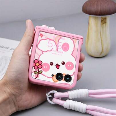 Cute Pink Rabbit Ear Phone Case With Anti-Lost Lanyard, Compatible With Samsung Galaxy ZFlip7 Z Flip6 ZFlip 5 Zflip6 Zflip5, Shock-Proof Back Cover, Also Compatible With Motorola Phones