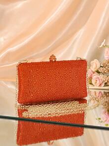 1 件橙色闪光双面水钻装饰手拿包，金属链带，优雅时尚的晚装包，适合正式场合、婚礼、派对、节日 - 送给女性的完美礼物 - 橘色 - 查看 2