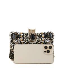 Bolsa de Mão Preta Vintage Bordada com Miçangas para Mulheres, Bolsas de Embreagem de Metal Caixa para Senhoras, Bolsas de Festa de Casamento e Coquetel