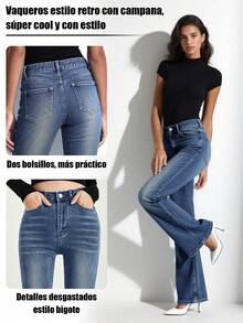 Jeans Acampanados de Tiro Alto para Mujer - Pantalones de Campana de Denim Elástico Azul Marino Elegante con Diseño Clásico de Cinco Bolsillos, Tejido de Poliéster Cómodo para Uso Diario - azul - Ver 4