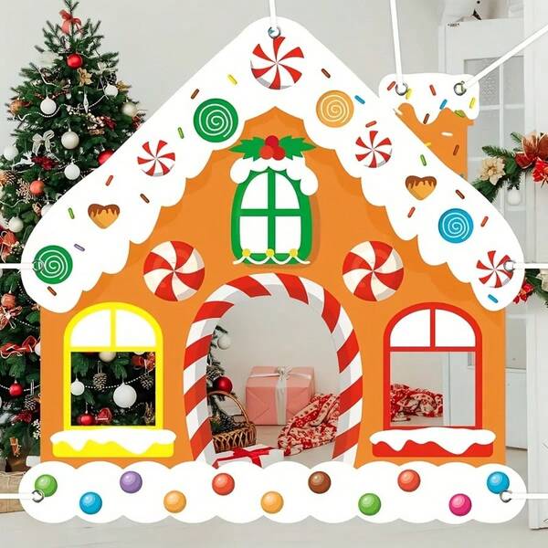 1 pieza Marco de fotos con fondo de casa de jengibre, Decoración de escenario de fondo de Navidad con casa de jengibre, Decoración de fiesta de Navidad, Decoración festiva navideña, Tela de fondo de Navidad, Decoración de temporada, Telón de fondo de fiesta, Tema de pan de jengibre, Utilería para fotos de Navidad