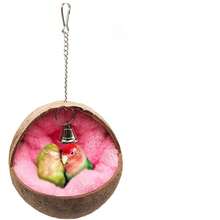 Kleine natürliche Kokosnussschale Vogelnest/Haus/Bett, geeignet zum Nisten & Brüten, mit Anti-Picken Pad und Glocke, passend für Papageien, Aras und andere Vögel (Glockenfarbe zufällig), inklusive Nestpolster/Kokosfaser, geeignet für alle Jahreszeiten - Verschiedenfarbig - Übersicht 6