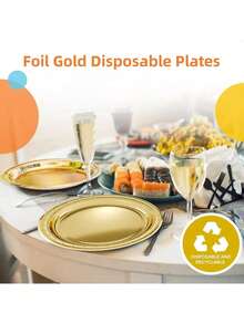100/50 件金色加厚可重复使用盘子，甜点/蛋糕盘，带优雅抛光金属边缘，适用于婚礼、生日、派对、圣诞节 - 金色 - 查看 9