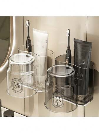 1 件套牙刷架带玻璃杯，无需钻孔壁挂式浴室牙刷和杯子收纳架