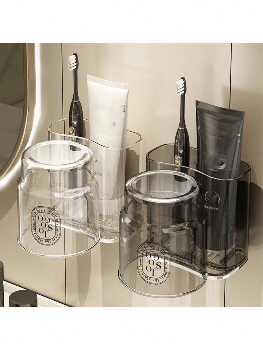 1 件套牙刷架带玻璃杯，无需钻孔壁挂式浴室牙刷和杯子收纳架