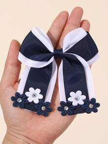 2pcs Navy Blue & White Flower Hair Clips For Girls, Casual Fabric Flower & Bow Hair Accessories - Multicolor - View 2