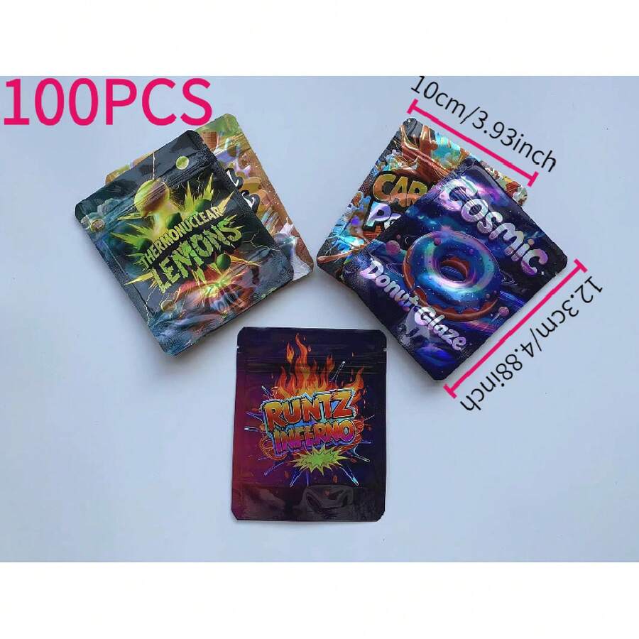 100 Pcs Mylar Bags, 3.5g Mylar Bags, Plastic Bags, Reusable Ziplock Bags, Candy Bags, Soft Candy Bags, Snack Bags, Storage Bags For Events And Parties, Great For Packaging Fun Props - 10 Random Styles Mixed Pack