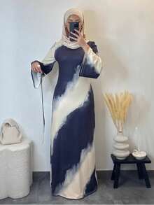 Plus Size Women Casual Fitted Long Sleeve Dress, Autumn/Winter Spring - Navy Blue - View 2