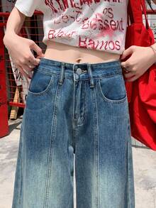 YEAE | Women's Casual Long Straight Leg Jeans, With Buttons, Zipper And Pockets, Non-Stretch Fabric, Blue Washed