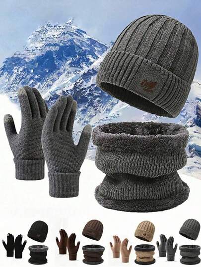 3pcs Men's Knitted Wool Beanie Hat, Soft Warm Scarf & Touch Screen Gloves, Warm Winter Gift Set Winter Warm