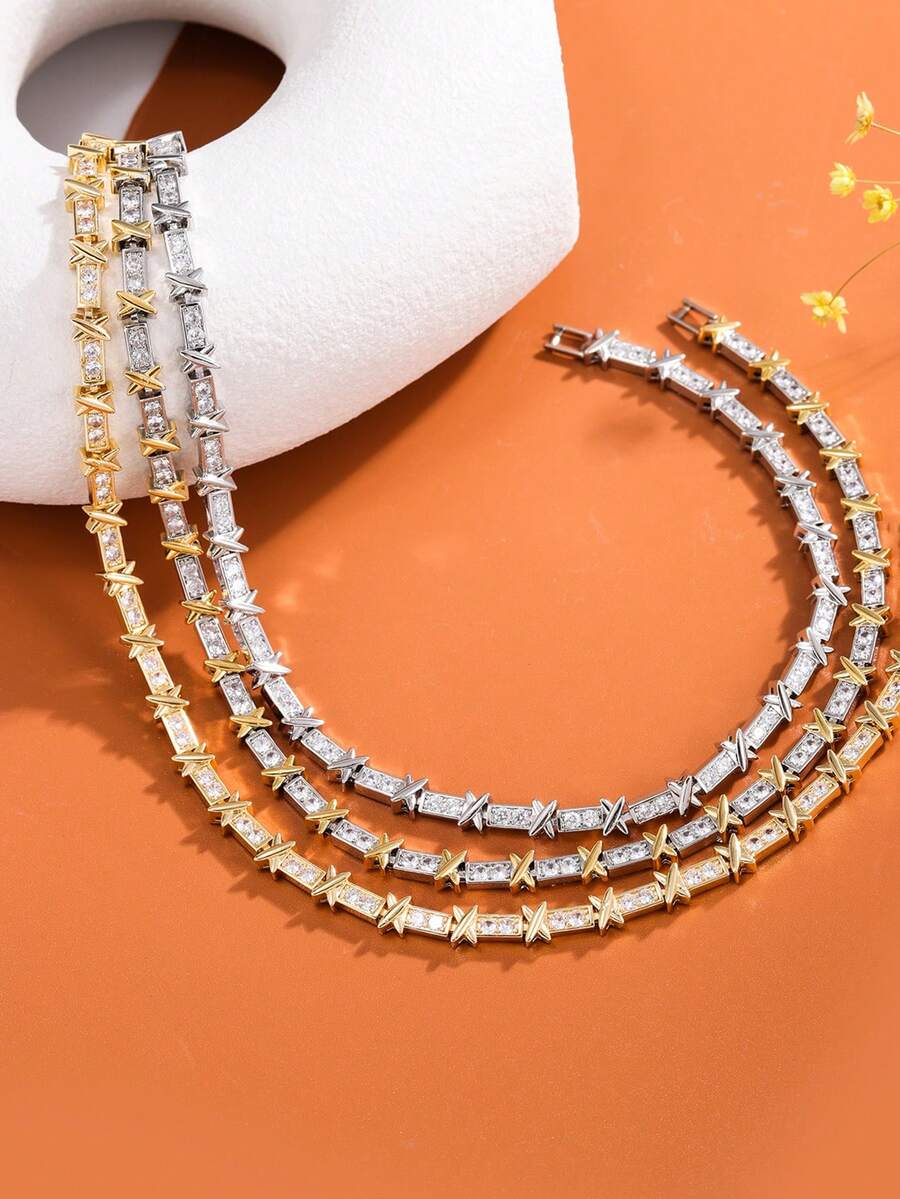 1pc Fashionable Cubic Zirconia Sparkling Criss-Cross Dual-Tone Letter X Necklace, Elegant Design Women's Party Gift Jewelry